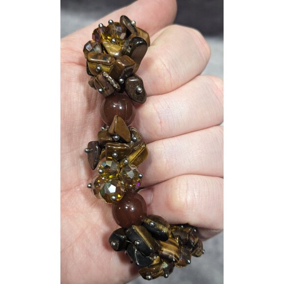 Brown Gemstone Chip Glass Beaded Tiger Eye Stretch Braceket - Picture 6 of 6